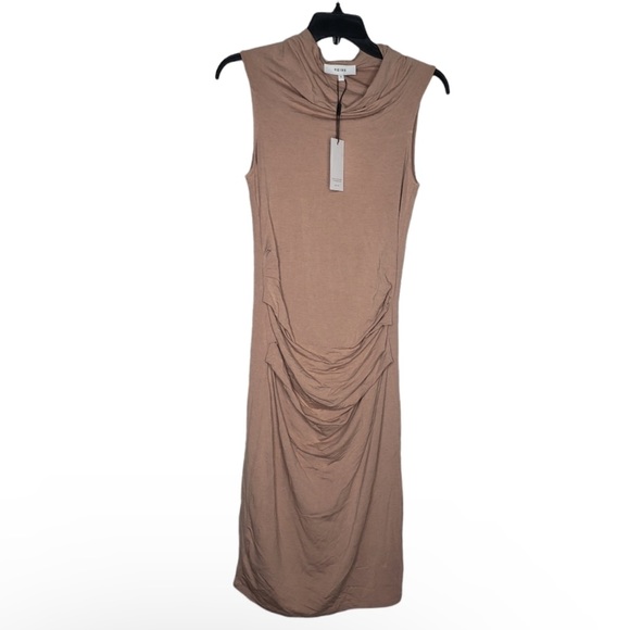 NEW Reiss Tora Ruched Jersey Body-Con Wool Viscose Knit Dress Blush Size Large - Picture 2 of 9